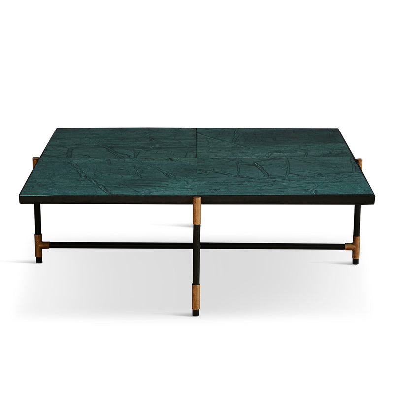 Handvärk Sofabord, Grøn Marmor med Sort Stel og Messing - 92x92xH32