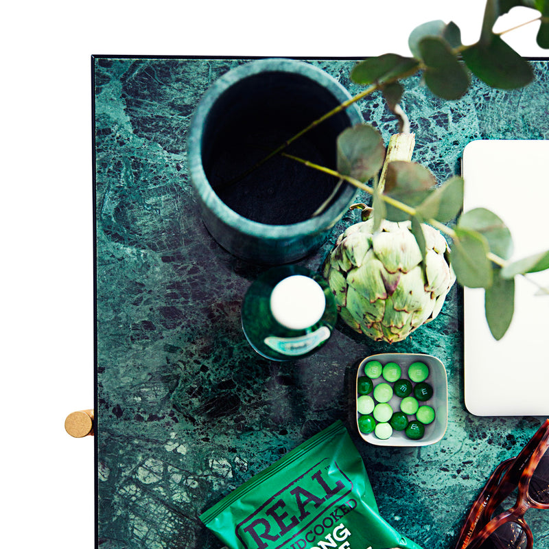 Handvärk Spisebord, Grøn Marmor med Sort Stel og Messing - 96x184xH74