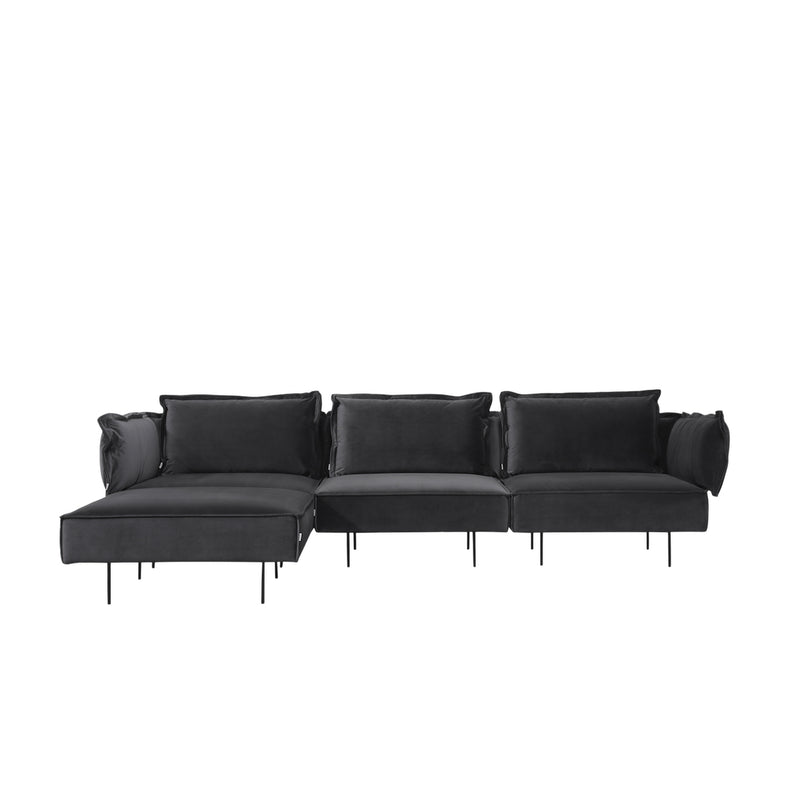 Handvärk Sofa, 3 Personers med Chaiselong, Mørkegrå Velour - 294x194xH68